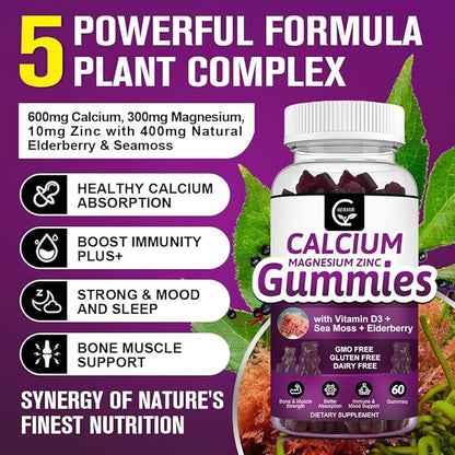 Calcium Magnesium Zinc Gummies with High Absorption Magnesium Glycinate Potassium - Plant Complex Calcium Magnesium 2:1 Ratio, with D3 Sea Moss for Bone, Muscles, Immune & Sleep Support, Vegan-3 Pack
