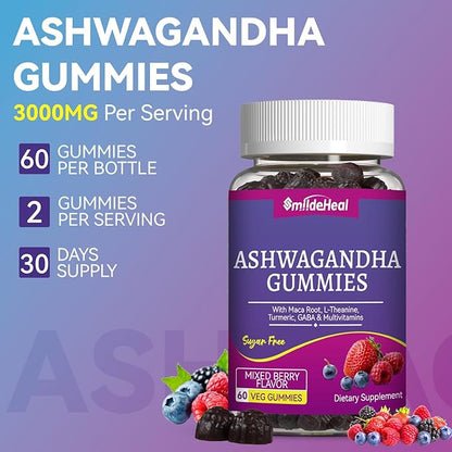 Ashwagandha Gummies 3000mg - Stress Relief & Increased Energy - Ashwagandha Supplements for Women & Men - Natural Mixed Berry Flavor (120 Count)
