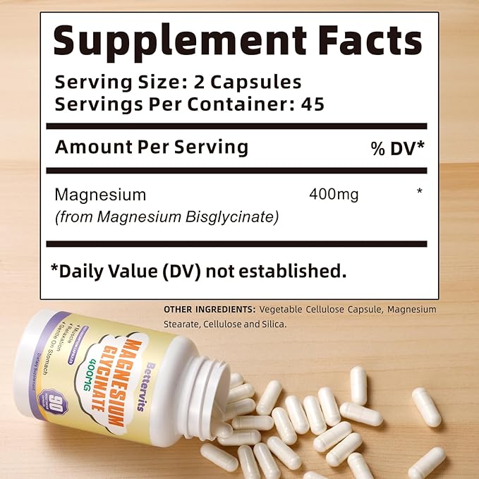 Magnesium Glycinate Capsules 400 MG per Serving 100% Chelated for High Absorption, Gentle On Stomach, Non-GMO, 90 Vegetarian Capsules