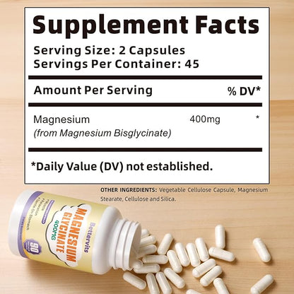 Magnesium Glycinate Capsules 400 MG per Serving 100% Chelated for High Absorption, Gentle On Stomach, Non-GMO, 90 Vegetarian Capsules