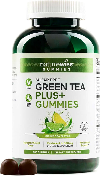 NatureWise Green Tea Gummies - Keto, Sugar Free - Supports Fitness Goals for Women & Men - 500mg Green Tea + Raspberry Ketones, Garcinia Cambogia - Vegan, No Gluten - 180 Count[3-Month Supply]