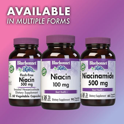 Bluebonnet Niacin 100mg Vitamin B3 Nicotinic Acid - Heart Health Support for Women & Men* - Non-GMO, Vegan, Kosher, Gluten-Free, Soy-Free, Dairy-Free Flush Niacin Supplement - 90 Vegetable Capsules