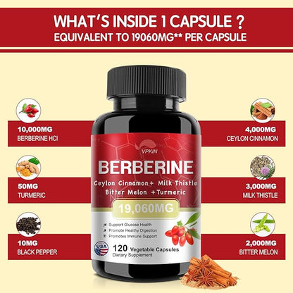 Berberine Supplement 19,060mg,Berberine with Ceylon Cinnamon,Bitter Melon,Milk Thistle,Berberine HCl Supplement(120 Capsules)