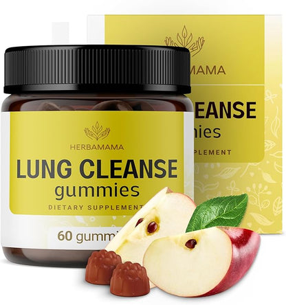 HERBAMAMA Lung Detox Gummies - Herbal Complex with Mushroom Blend for Lung Cleanse - Vegan, Non-GMO Respiratory Support Supplement - 60 Pectin-Based Apple-Flavored Chews