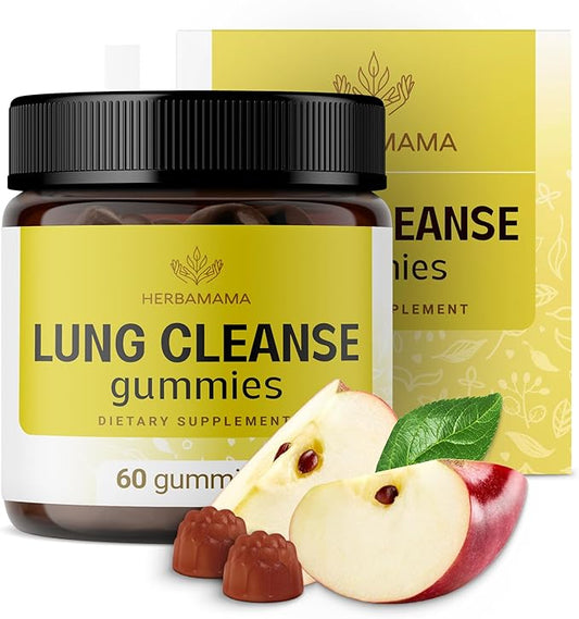 HERBAMAMA Lung Detox Gummies - Herbal Complex with Mushroom Blend for Lung Cleanse - Vegan, Non-GMO Respiratory Support Supplement - 60 Pectin-Based Apple-Flavored Chews