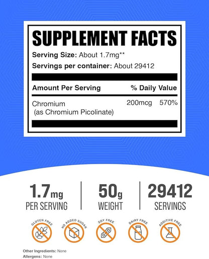 BulkSupplements.com Chromium Picolinate 200mcg Powder - Mineral Supplements - Gluten & Yeast Free, 200mcg of Chromium per Serving, 50g (1.8 oz) (Pack of 1)