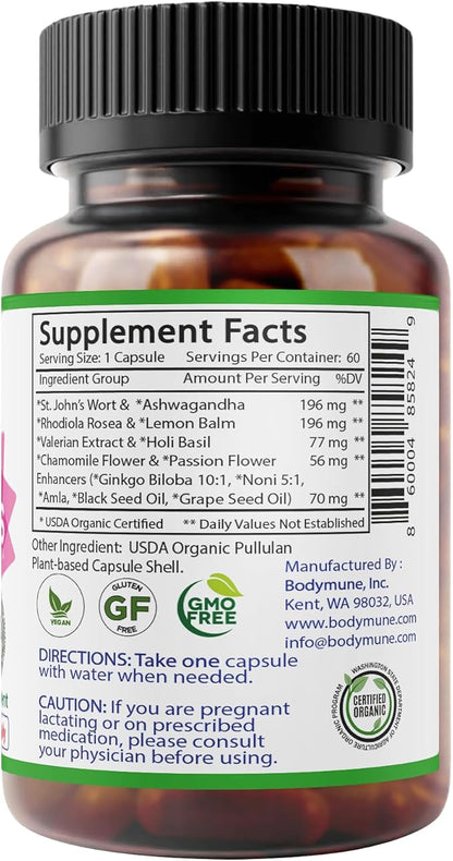 MoodBliss Mood Support Supplement, USA-Made USDA Organic Plant-Based Superfood for Stress Relief, Calm Mind & Body w/St John’s Wort Rhodiola Ashwagandha Valerian Medicinal Oils & More 60 ct