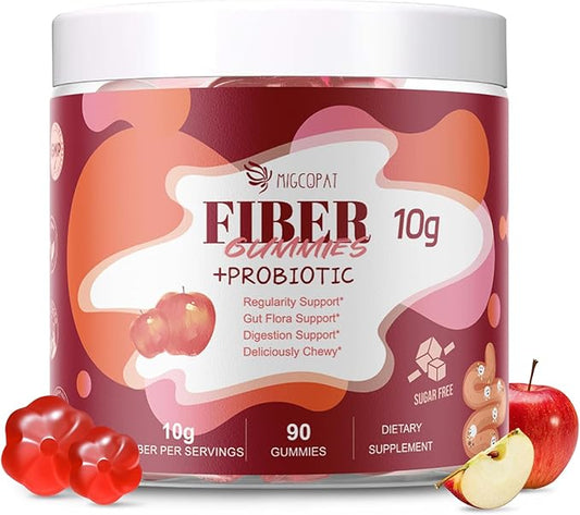Fiber Gummies with Probiotics,10G Fiber per Serving No Sugar Added Apple Flavor, with 10 Billion CFU Probiotics Blend, Apple Cider Vinegar, Vitamin C, Inulin, Bloating Support 90 Count