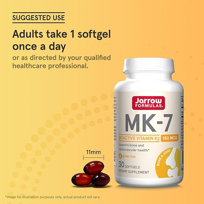 Jarrow Formulas® MK-7 180 mcg, Bioactive Form of Vitamin K2 For Bone and Cardiovascular Health, Vitamin K2 MK-7 Dietary Supplement, 30 Softgels, 30 Day Supply