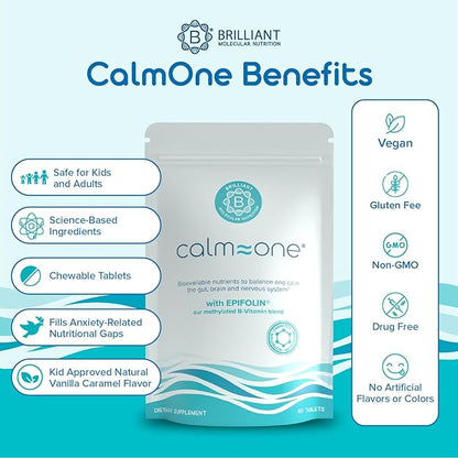 CalmOne Dietary Supplement for Adults & Children - Natural Calm to Balance The Gut, Brain & Nervous System - Fast Support for Anxiousness, Overwhelm, Sleep & Relaxation - 60 Chewable Tablets