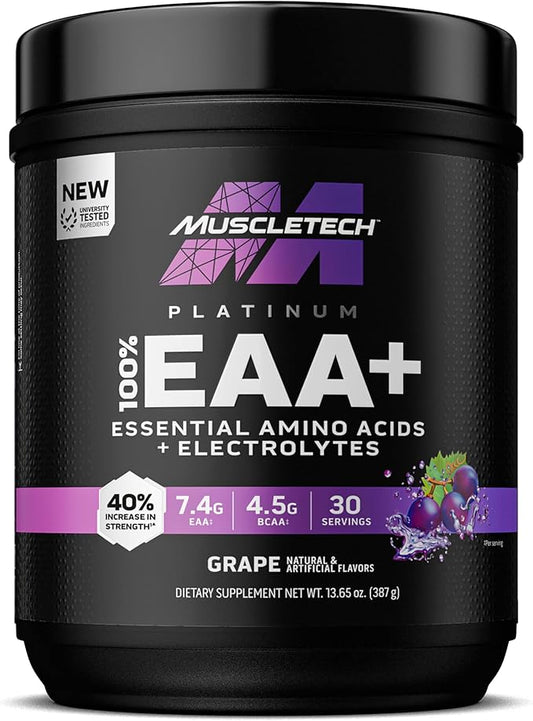 MuscleTech Platinum Essential Amino Acids Supplement with Electrolytes, Grape - Pre-Workout Powder for Energy, Muscle Growth & Strength Builder - EAA Complex for Men & Women - 30 Servings