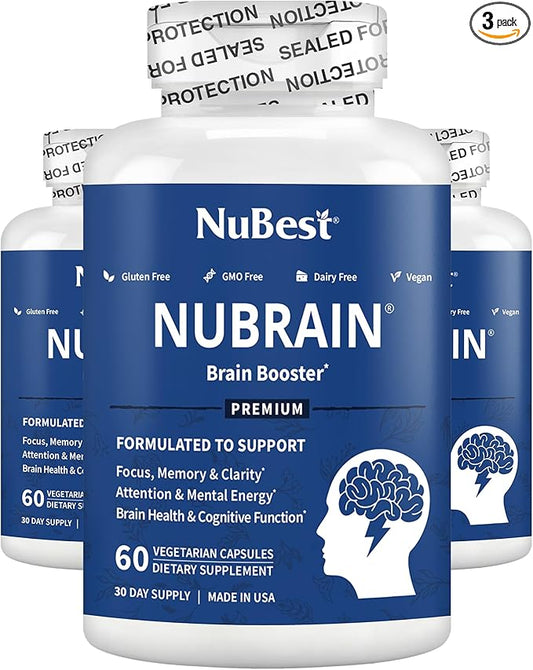 NuBrain Booster - Brain Supplement for Brain Booster, Memory, Focus & Clarity Support with St. John’s Wort, Ginkgo Biloba, Bacopa & More - Premium Nootropic Brain Supplement - 3 Pack