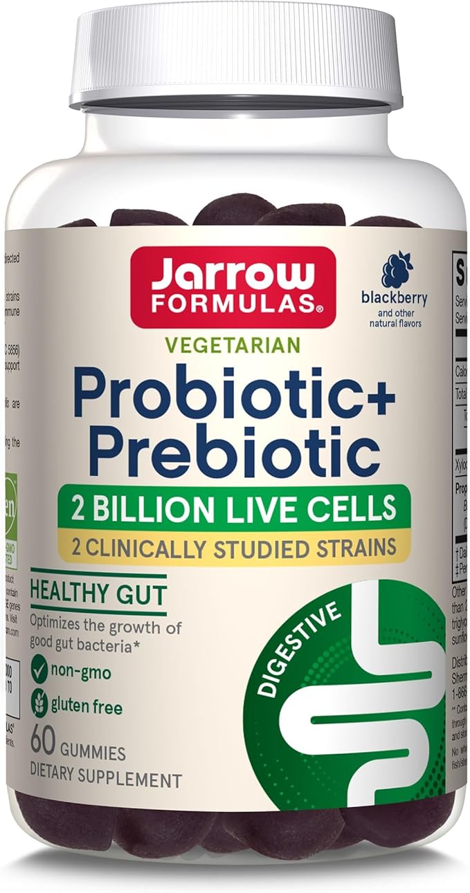 Jarrow Formulas Probiotic+ Prebiotic 2 Billion Live Cells Supplement, Digestive Health and Immune Support, 60 BlackBerry Flavor Probiotic+ Prebiotic Gummies, 30 Day Supply