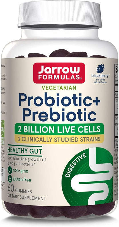 Jarrow Formulas Probiotic+ Prebiotic 2 Billion Live Cells Supplement, Digestive Health and Immune Support, 60 BlackBerry Flavor Probiotic+ Prebiotic Gummies, 30 Day Supply