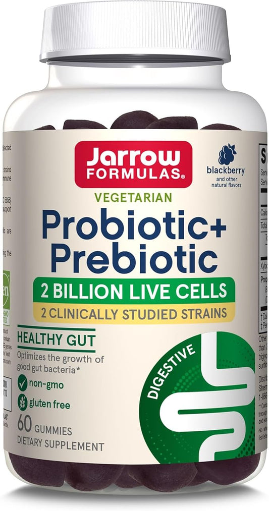 Jarrow Formulas Probiotic+ Prebiotic 2 Billion Live Cells Supplement, Digestive Health and Immune Support, 60 BlackBerry Flavor Probiotic+ Prebiotic Gummies, 30 Day Supply