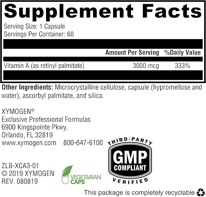 XYMOGEN Xcellent A 3000 - 10,000 IU High-Potency Vitamin A Supplement (Retinyl Palmitate) - Supports Healthy Immune Function, Healthy Skin + Mucous Membranes (60 Capsules)