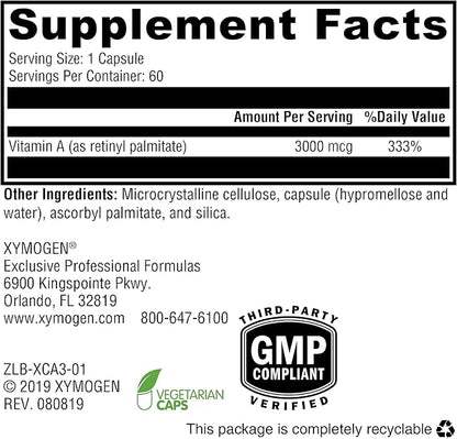 XYMOGEN Xcellent A 3000 - 10,000 IU High-Potency Vitamin A Supplement (Retinyl Palmitate) - Supports Healthy Immune Function, Healthy Skin + Mucous Membranes (60 Capsules)