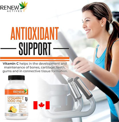 RENEW ACTIVES Maximum Strength Vitamin C 1000MG per Serving – Antioxidant & Immune Booster for Overall Health, Bones, Teeth & Gums – Non-GMO, Sugar-Free, 4-Month Supply – Made in Canada – 120 Capsules
