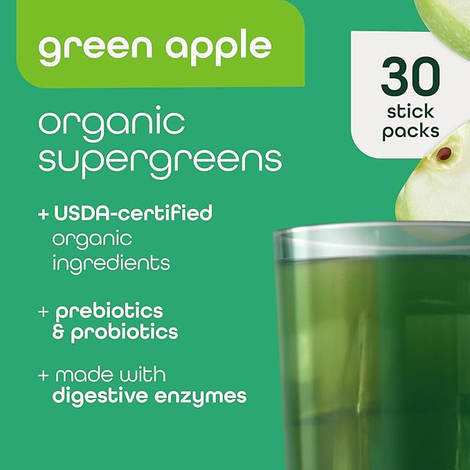 Organic Super Greens Powder, 70+ Superfoods, 0 Sugar, 3G Fiber, Spirulina, Chlorella, Antioxidants, Prebiotics/Probiotics, Digestive Enzymes, Green Apple, 30 Drink Mix Packets