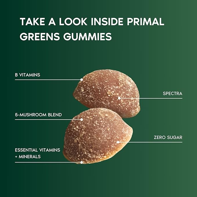 Primal Harvest Super Greens Gummies, Superfood Blend with Adaptogenic Mushrooms Vitamins & Nutrient-Rich Minerals & Antioxidants for Energy & Immune Support (1 Pack (60 Count), Berry)