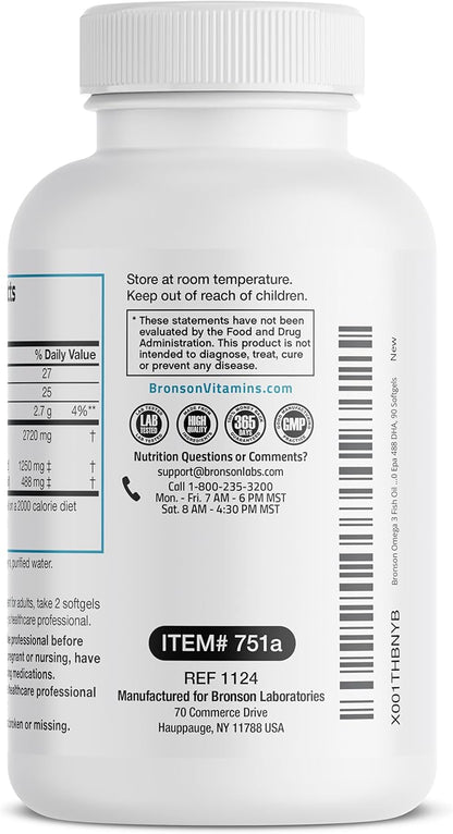 Bronson Omega 3 Fish Oil Triple Strength 2720 mg, High EPA 1250 mg DHA 488 mg, Non-GMO Heavy Metal Tested, 90 Softgels
