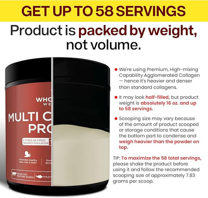 Wholesome Wellness Multi Collagen Protein Powder Hydrolyzed (Type I II III V X) Grass-Fed All-in-One Super Bone Broth + Peptides - Premium Blend of Beef, Chicken, Wild Fish, Eggshell, 58 Servings