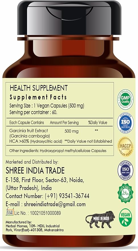 Garcinia Extract 500mg - 60 Vegetarian Capsules|Garcinia Cambogia| All Natural | 100% Vegan | Gluten-Free | GMP Certified