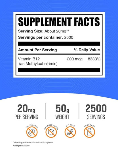 BulkSupplements.com Vitamin B12 Methylcobalamin Powder - 1% B12 Methylcobalamin, Essential B Vitamin - B12 Supplement, Gluten Free, 20mg per Serving, 50g (1.8 oz) (Pack of 1)
