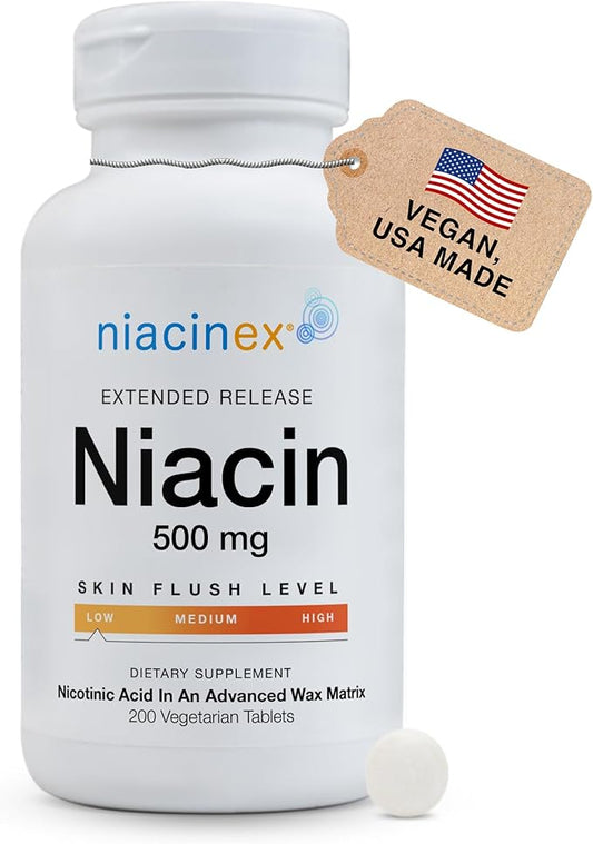 Niacin 500mg Extended Time Release Tablets Minimal to No-Flush, Vitamin B3 Supplement - Cholesterol Balance, Nicotinic Acid - Vegan, cGMP, made in The USA (1 Pack)