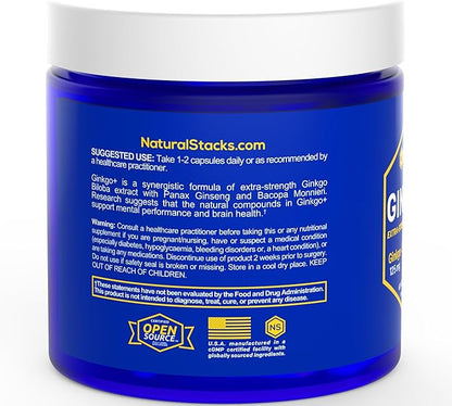 NATURAL STACKS Ginkgo Biloba Supplement with 200mg Panax Ginseng & 200mg Bacopa Monnieri - Brain Supplements for Memory and Focus - Korean Ginseng for Brain Health Support - 60 Ginkgo Biloba Capsules
