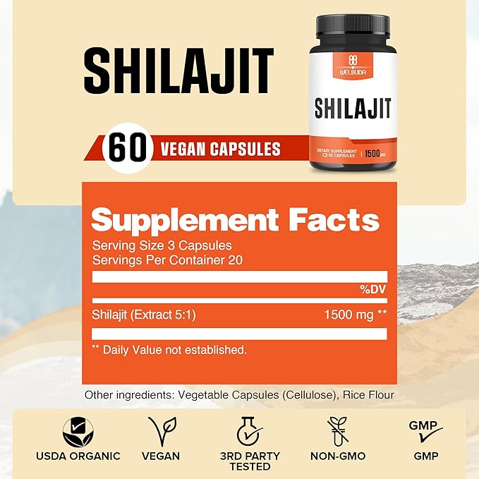 Extract 5:1 Shilajit Supplement 1500mg - Supports for Immune System, Energy Production, Brain Health & Overall Well-Being - 60 Capsules