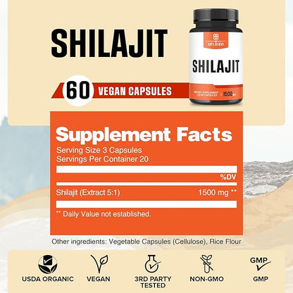 Extract 5:1 Shilajit Supplement 1500mg - Supports for Immune System, Energy Production, Brain Health & Overall Well-Being - 60 Capsules