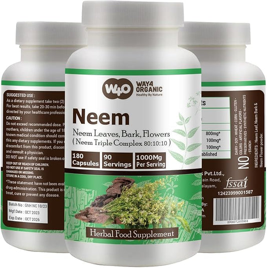 Neem Triple Complex - High-Potency Azadirachta Indica Capsules, Neem Leaves, Bark, Flowers in Ratio (80:10:10) - 180 Capsules, 90 Serving, 1000 Mg per Serving. Pack of 1.