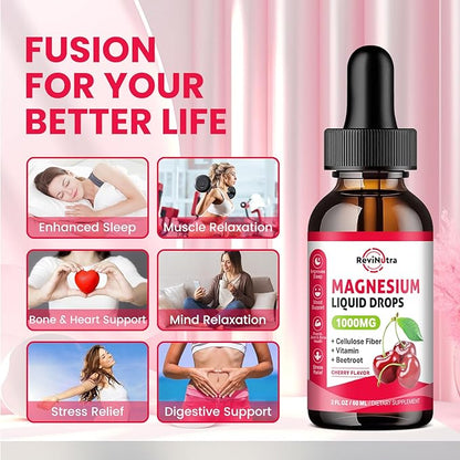 2 Pack Magnesium Glycinate Liquid Drops, 1000mg of Magnesium Glycinate, Taurate & Citrate Liquid Drops for Bone, Sleep, Calm, Muscle, Energy & Relaxation, High Absorption, Sugar-Free Cherry Flavor