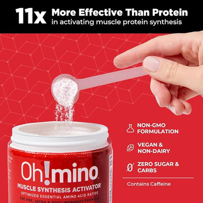 Oh!mino Amino Acids for Muscle Gain - BCAAs Amino Acids Powder Supplement for Pre & Post Workout - Caffeinated, Non Dairy, Vegan, Zero Sugar & Net Carbs - 40 Servings (Tropical Splash)