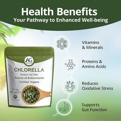 1000 Tablets, Organic Chlorella Tablets with Broken Cell Wall, 250mg