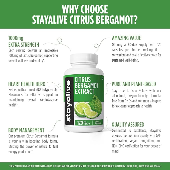 STAY ALIVE Citrus Bergamot Capsules 1000mg, 30:1 Super Extract with 50% Polyphenolic Flavanones, 120 Pills, Citrus Bioflavonoids Natural Heart Health Supplements for Women & Men | Non-GMO, Gluten-Free