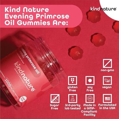 Kind Nature Evening Primrose Oil Gummies for Women – 1000mg with Black Cohosh Extract – Hormonal Balance, PMS & Menopause Support – Vegan, Sugar-Free, Non-GMO
