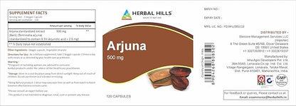 HERBAL HILLS Arjuna Capsules (Terminalia Arjuna) | 120 Count (500 mg) | Standardized Extract Wellness and Health Supplements with Arjuna Bark Extract