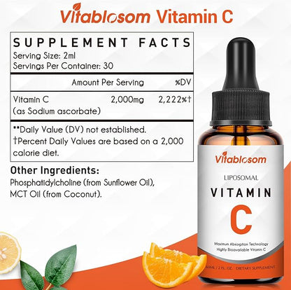 Liposomal Vitamin C 2000mg Liquid for Adults, High Absorption VIT C, Maximize Vitamin C, Good for Immune System & Antioxidant, 60ML (8 Bottles)