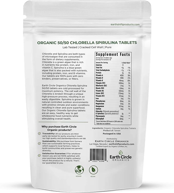 Premium Organic CHLORELLA /SPIRULINA 1000 Tablets (50/50) Kosher, Vegan - Green Algae Superfood, Cracked Cell Wall, Chlorophyll, High in Protein & Iron, no additives, or fillers 8.75 Oz (2 Pack)