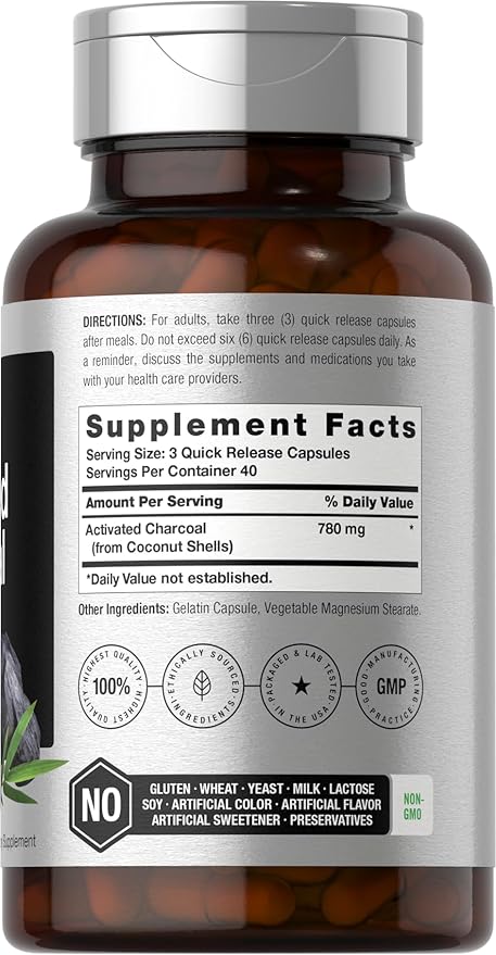 Horbäach Charcoal Pills 780mg | 120 Capsules | Activated Charcoal from Coconut Shells | Non-GMO and Gluten Free | Acti-Coal