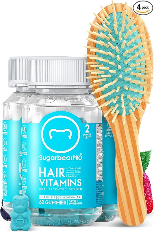Sugarbear Gentle Detangling Bamboo Hair Brush + Vegan Hair Vitamin Gummies 6 Month Supply, Extra Strength Biotin 6000mcg for Supporting Healthy Straight, Wavy, Curly & Kinky Hair