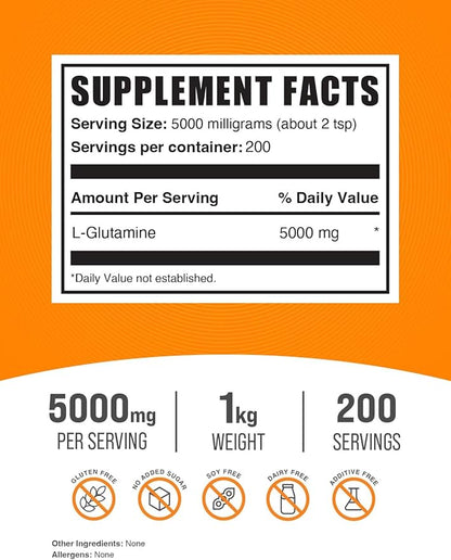 BulkSupplements.com L-Glutamine Powder - Glutamine Supplement, for Recovery & Gut Health - Unflavored & Gluten Free, 5g (5000mg) per Serving, 1kg (2.2 lbs) (Pack of 1)
