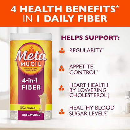 Metamucil, Daily Psyllium Husk Powder Supplement with Real Sugar, 4-in-1 Fiber for Digestive Health, Orange Smooth Flavored Drink, 114 Servings
