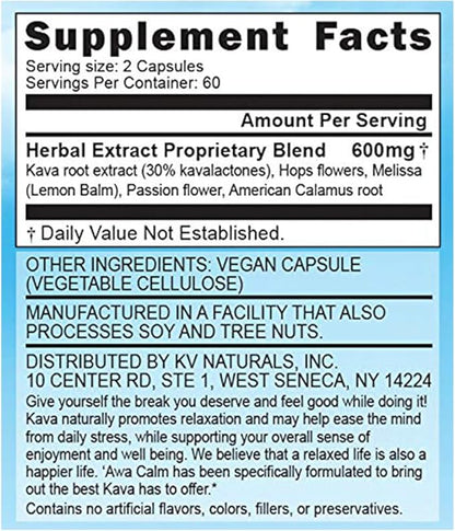 ‘Awa Calm Capsules - Kava-Based Herbal Supplement with 30% Kavalatone, Calamus Root, Passion Flower, Lemon Balm & Hops (120 Capsules)