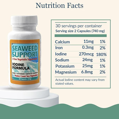 Maine Coast Sea Vegetables Seaweed Support Iodine Formula | Source of Iodine from Seaweed | Daily Use Iodine Supplement | Organic Alaria, Rockweed, Sea Lettuce, Dulse & Bladderwrack blend | 60 Capsule
