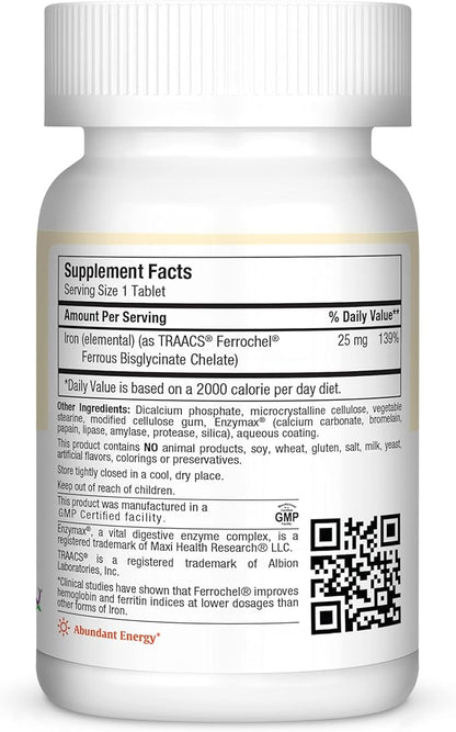 Maxi Health Iron Supplement - Gentle Iron Supplements for Men & Women - Ferrous Fumarate - Ferrochel 25 MG for Anemia & Red Blood Cell Production - Chelated Iron Pills - 100 Kosher Tablets