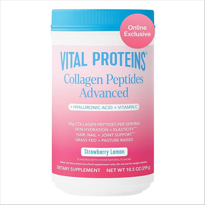 Vital Proteins Collagen Peptides Advanced, Hydrolyzed Peptides with Hyaluronic Acid and Vitamin C - Strawberry Lemon Flavor Powder, 10.5oz