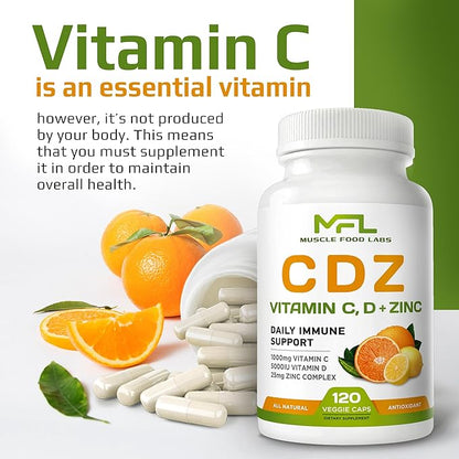 | C D Z | Vitamin C, 1000mg | Vitamin D3, 125mcg | Zinc, 25mg | Non-GMO & Gluten Free | 120 Vegetarian Capsules | 120 Servings